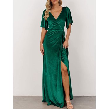 Women's Velvet Floral Wrap Dress - Formal Maxi Gown With Split Neck