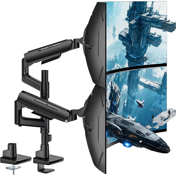 ARES WING Dual Monitor Arm, 17-49 in Screens, 44 lb per Arm, Gas Spring, VESA 75/100, Black