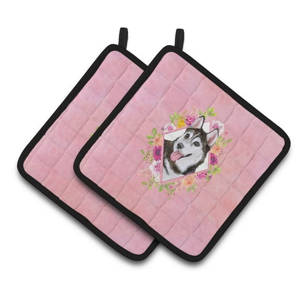 Siberian Husky #1 Pink Flowers Pair of Pot Holders