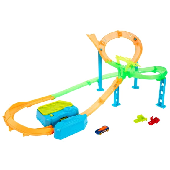 Hot Wheels Stunt Tracks Neon Speeders Tornado Jump Crash Track Set with Motorized Booster & Toy Car