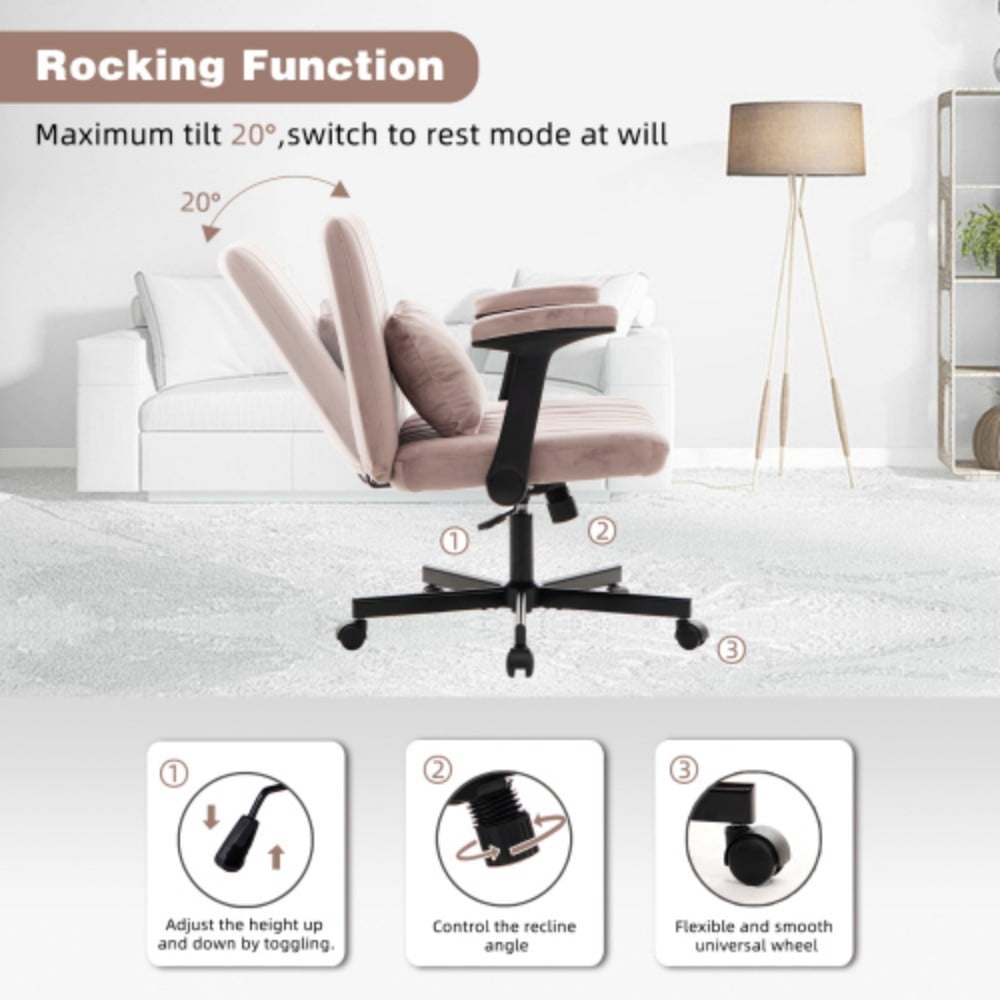 Velvet Criss Cross Office Chair with Wheels, Modern Upholstered Desk Chair with Adjustable Height, 360° Swivel & Tilt, Pink