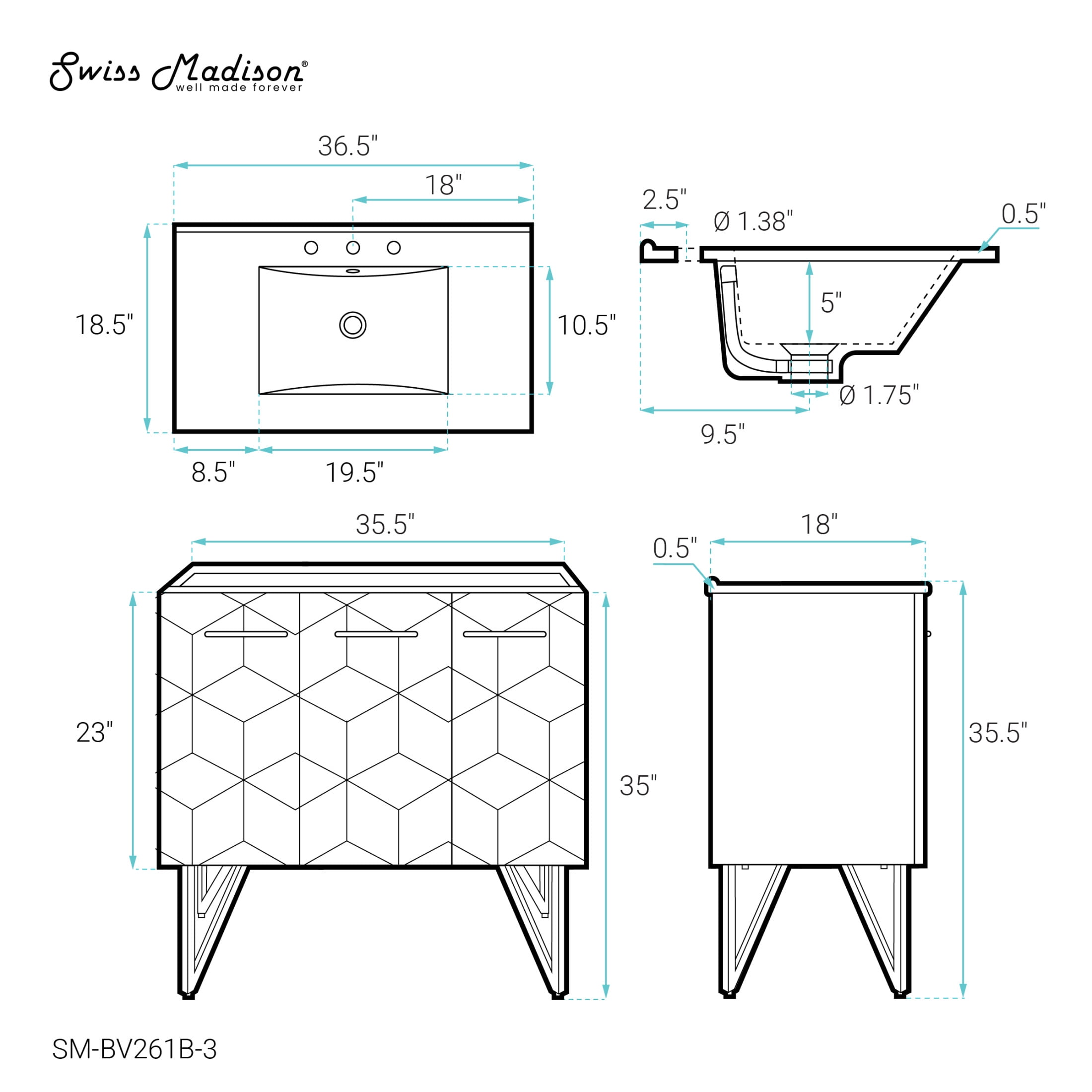 Annecy 36 in. Phantom Black Bathroom Vanity With White, 3-Hole Ceramic Sink Top