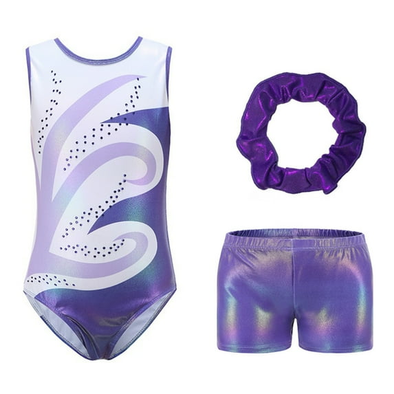 Girls Gymnastics Leotard for Kids Sleeveless Ballet Dance Wear with Bodyshorts and Hair Scrunchie 5-12 Years
