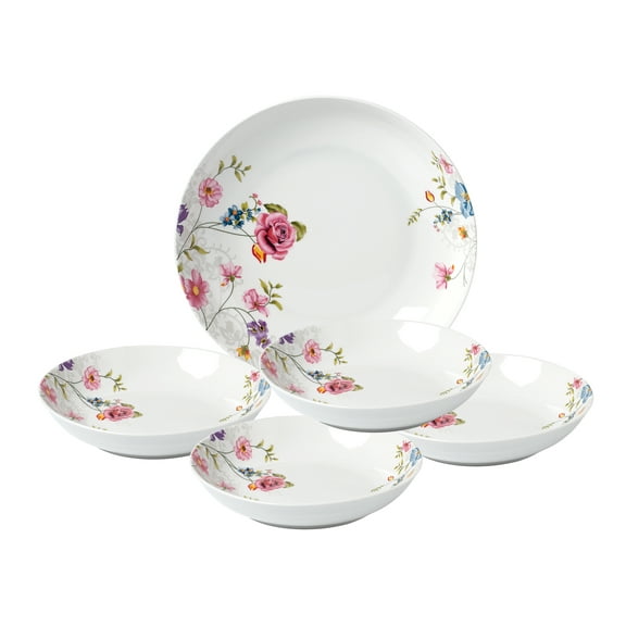 Lorren Home Trends 5 Piece Porcelain Pasta Set, 1 Serving Bowl and 4 Individual Bowls, Floral Design