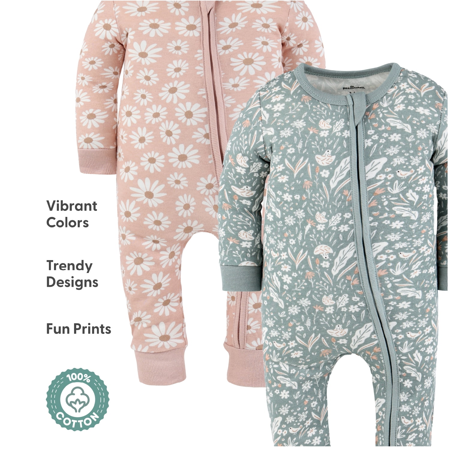 The Peanutshell Boho Meadow Baby Pajamas, Footless Baby Sleepers, Pink-Sage Green, 9-12 Months, 2-Pack