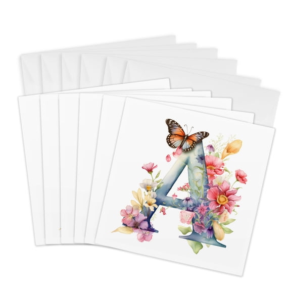 3drose, Pretty Floral Monogram Initial A, 6 Greeting Cards with Envelopes