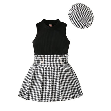 

Suanret Kids Girl Summer Vest Skirts Outfits Rib Knit Tank Tops Houndstooth Pleated Skirts Beret Cap 3Pcs Clothes Set Black 18-24 Months