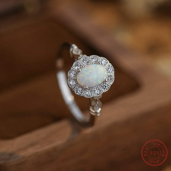 New 925 Silver Women's "Shining Egg" Ring Inlaid with Zircon and Opal Luxury Posh Style for Wedding or Engagement Wearing