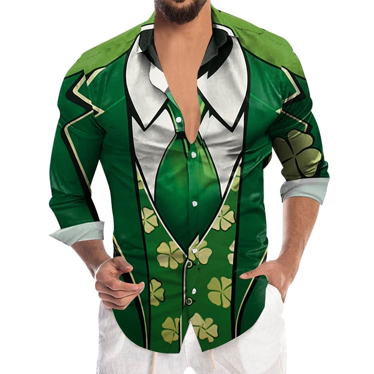 shamrock green dress shirt Fnnxeal Mens St. Patrick's Day Hawaiian Shirt Fake Layered Kelly Green Gold Shamrock Novelty Button Down Short Sleeve S-4XL,Size 3XL, Men's