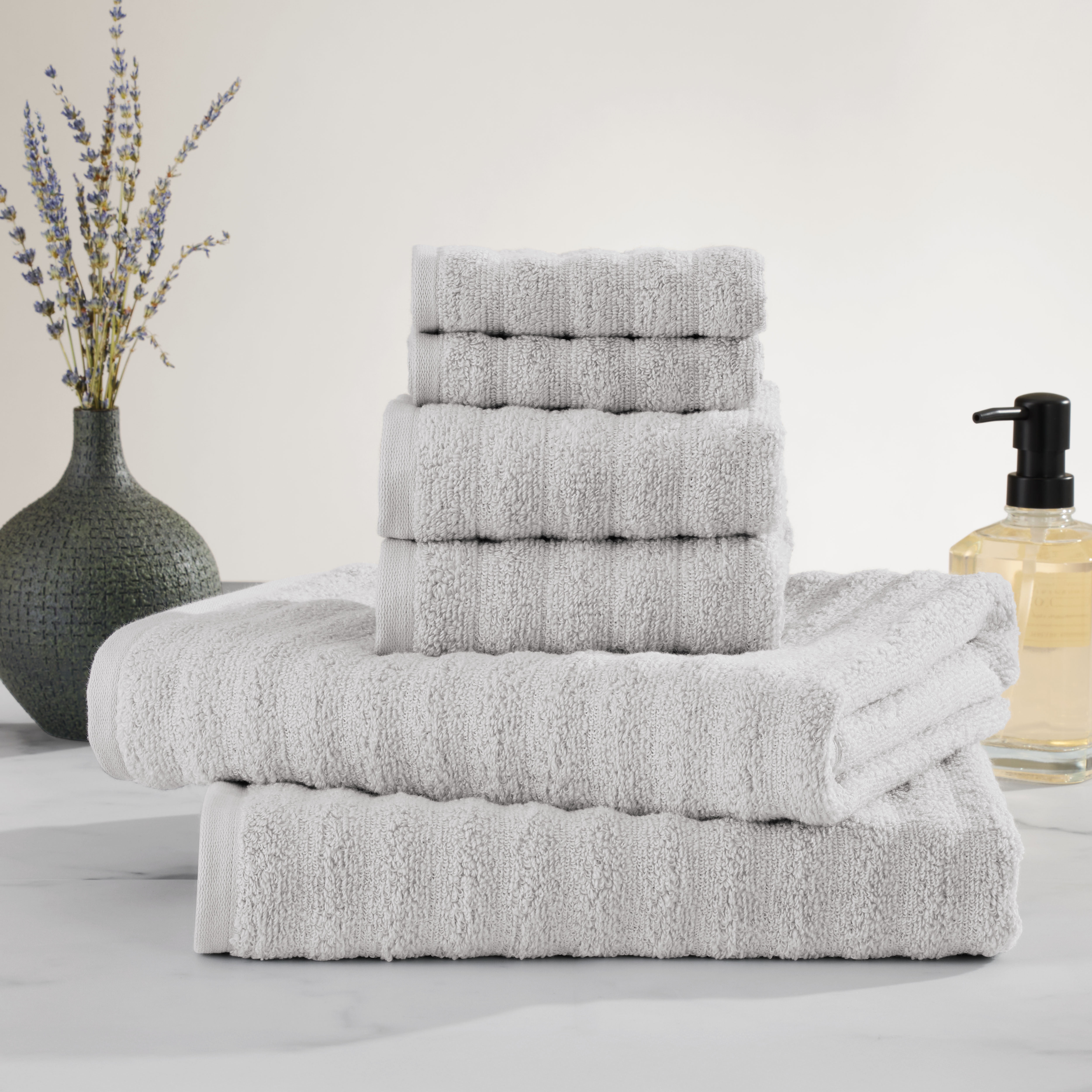 Mainstays Performance Cotton 6-Piece Bath Towel Set, Super Soft Quick Dry Fade Resistant, Textured Silver