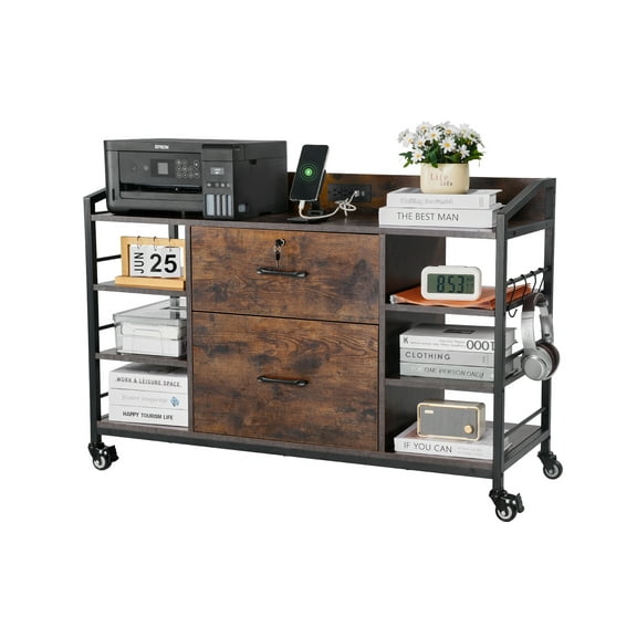 VEVOR 2 Drawers Metal File Cabinet, Lateral Filing Cabinet with Lock and 6 Open Shelves, Wooden Wide Filing Storage Cabinets with Power Strip for Letter, A4, Legal Size File, Easy Assembly, Brown