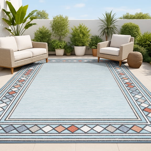 JONATHAN Y HAWAII 5 x 8 Area Rug, Sebastian Diamond Border - Blue/Ivory, HWC102D-5