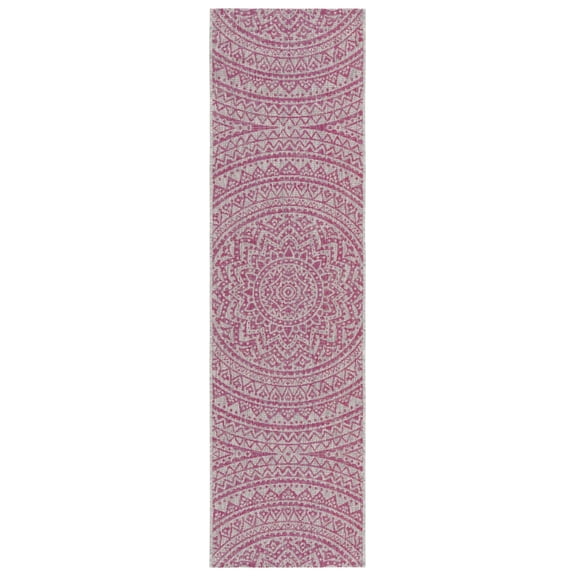 SAFAVIEH Courtyard Josiah Floral Medallion Indoor/Outdoor Runner, 2'3" x 8', Light Grey/Fuchsia