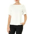 thumbnail image 1 of INSPIRE CHIC Women's Boat Neck Short Puff Sleeves Ruffle Top Blouses M White, 1 of 7