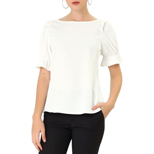 INSPIRE CHIC Women's Boat Neck Short Puff Sleeves Ruffle Top Blouses M White