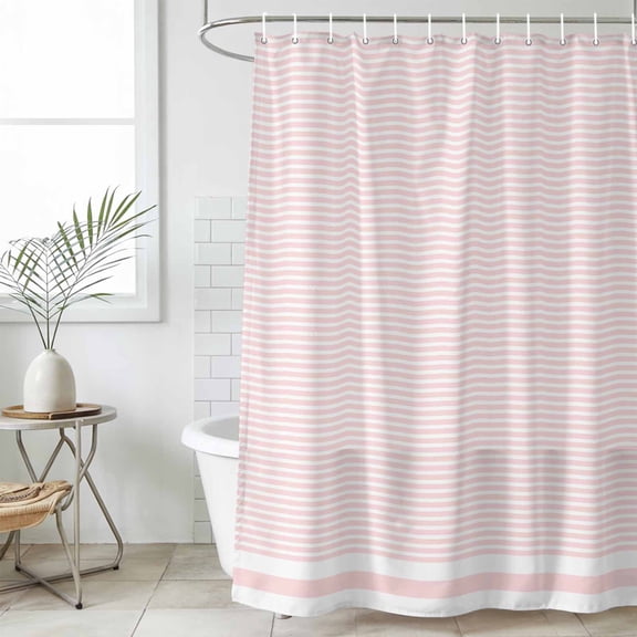 Farmhouse Pink White Striped Waterproof Fabric Shower Curtain,Modern Stripes Waterproof Fabric Shower Curtain for Bathroom Curtains Bathtubs Hotel Washable Shower Curtains with 12 Hooks Small 36x72in