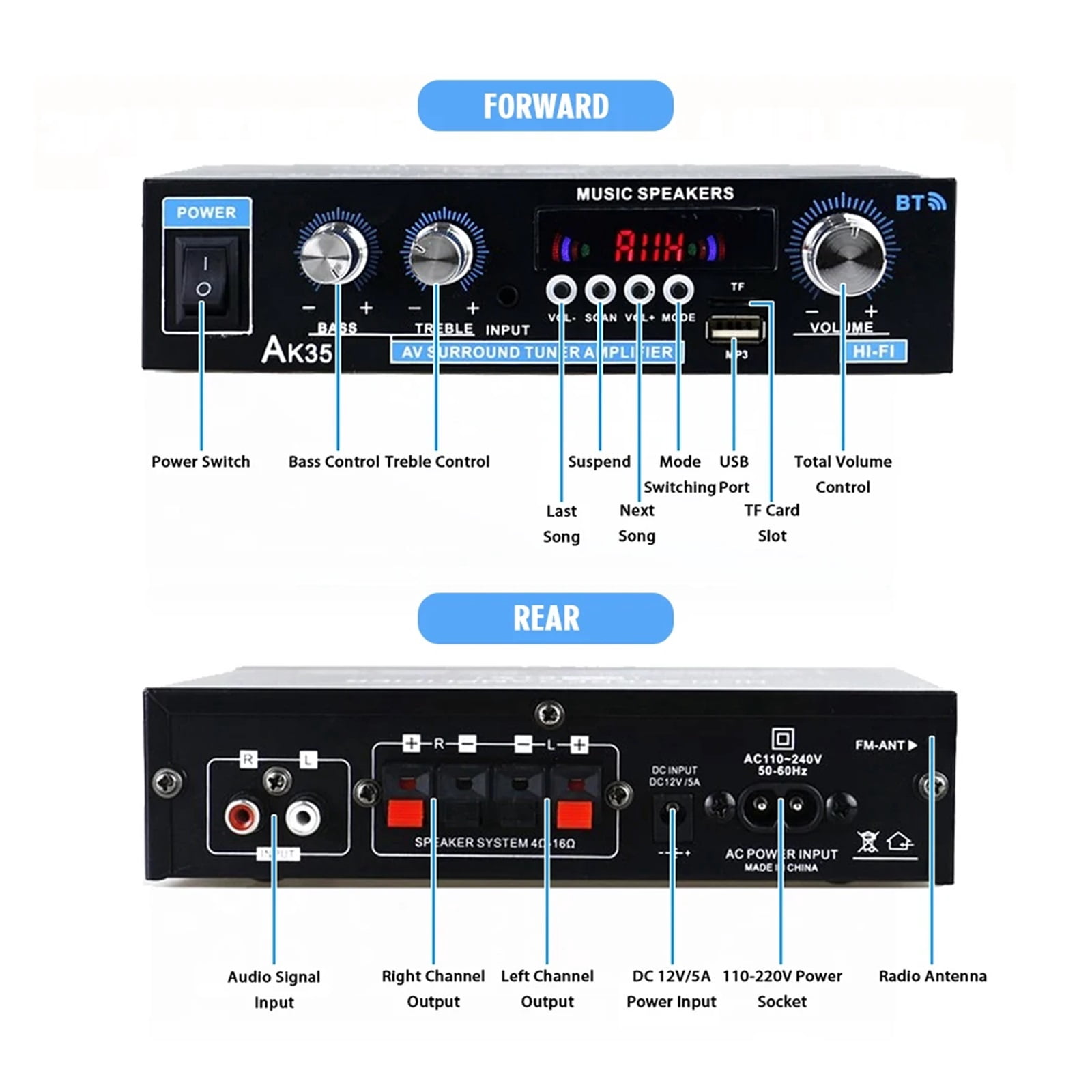 AK35 380 800W Home Digital Amplifiers Bass Power Bluetooth Amplifier Hifi FM Auto Music Subwoofer Speakers