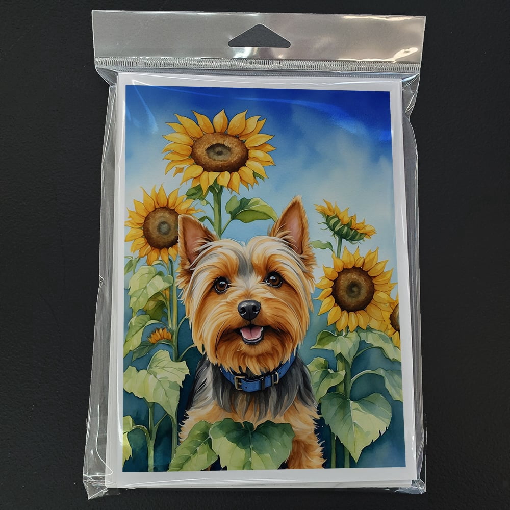 Silky Terrier in Sunflowers Greeting Cards Pack of 8 7 in x 5 in