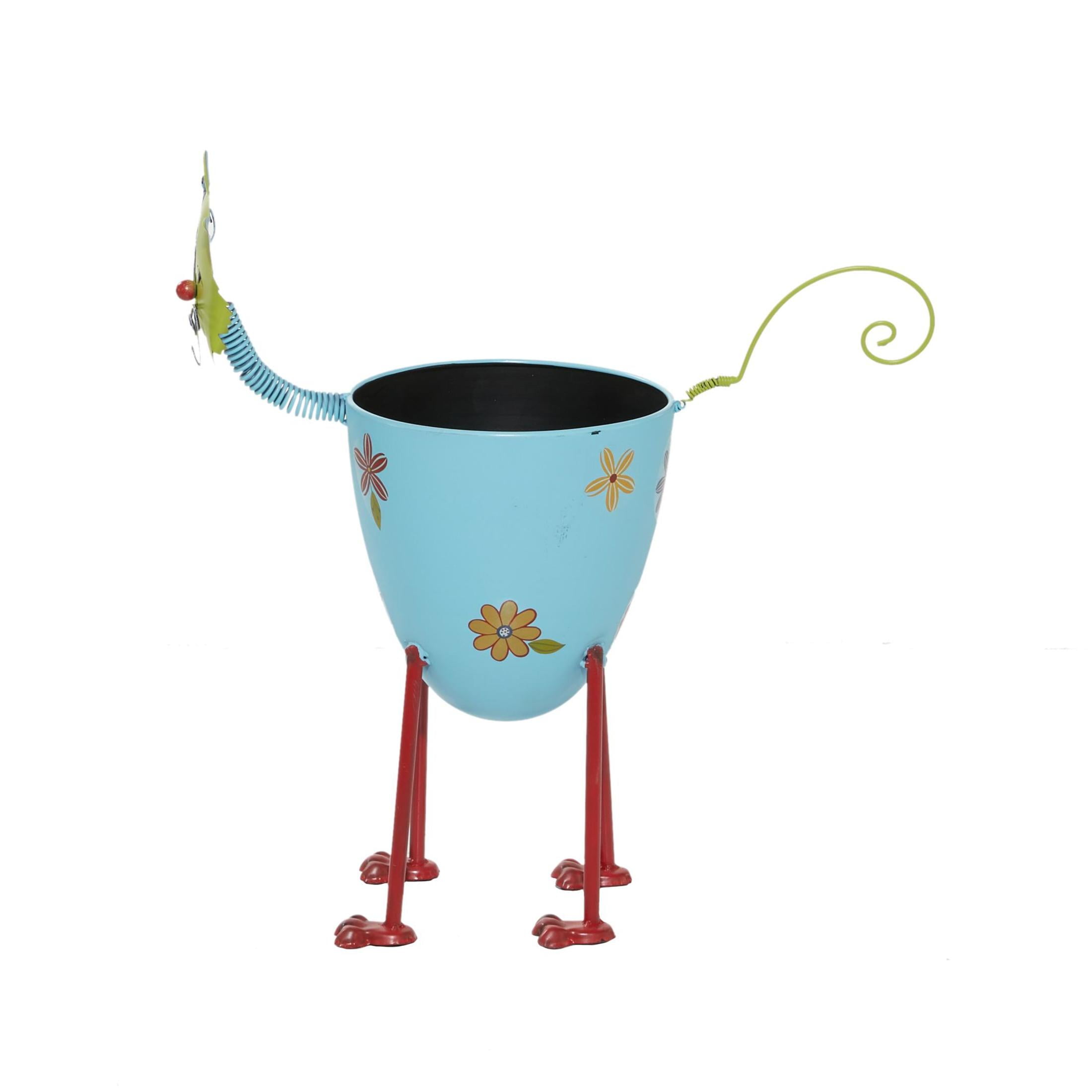 DecMode Blue Metal Cat Indoor Outdoor Planter with Flower Pattern, 16" x 8" x 19"