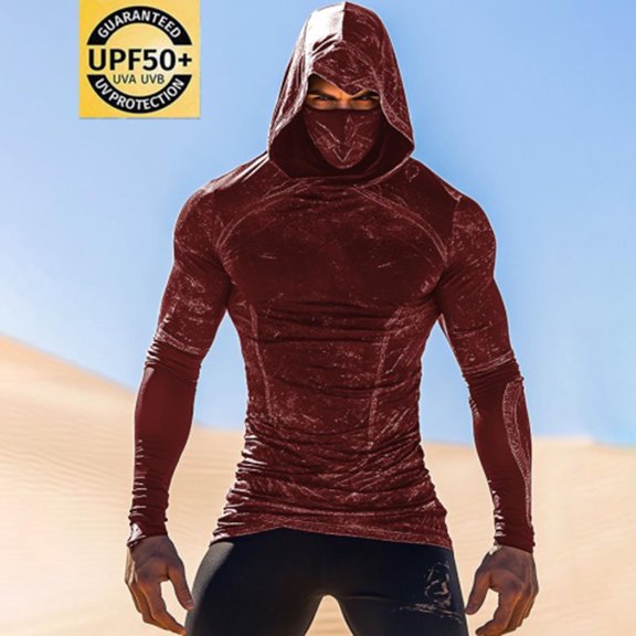 Xdegoge Men's Muscle Fit Sun Hoodie Integrated Face Mask Long Sleeve Compression Shirt Marble Pattern Athletic Outdoor Wear