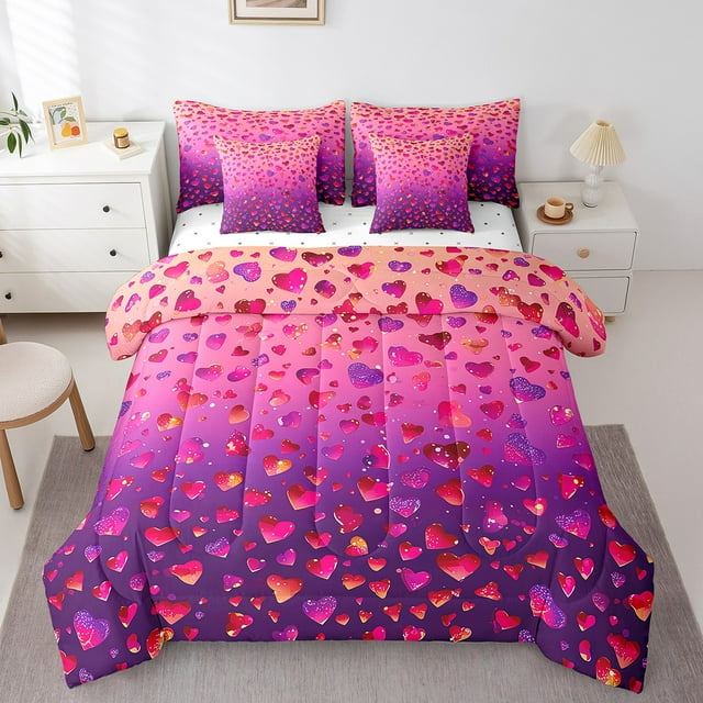 Ensemble de Douillette Pleine Motif Cœur - Ensemble Lit en Sac 7 Pcs, Ensembles de Literie Pleine Romantiques en Forme de Cœur avec Douillette Matelassée Cœurs Rouges et Violets, Drap Plat, Drap-Housse, Taies d'Oreiller