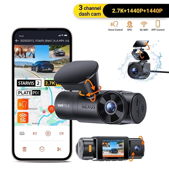 Vantrue N4 (S-RC09) 3 Channel WiFi Dash Cam, STARVIS 2, PlatePix™, 2.7K 1440P 1440P Front Inside Rear, HDR,IR Night Vision,GPS,24H Parking Mode