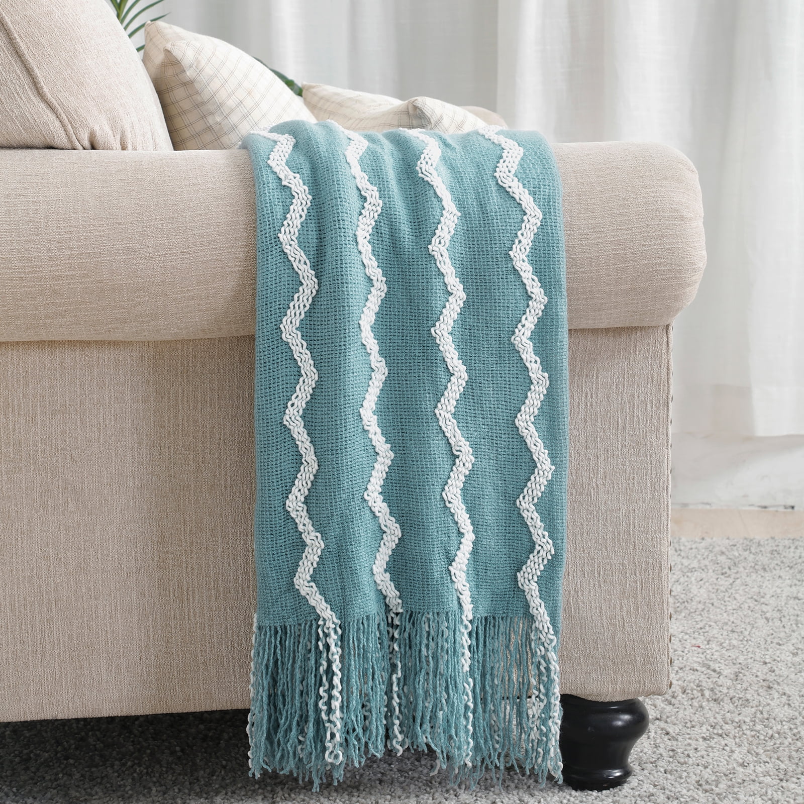Bourina Fluffy Chenille Knitted Throw Blanket 50" x 60"—Soft and Cozy for Sofa, Chair, Blue, Adult