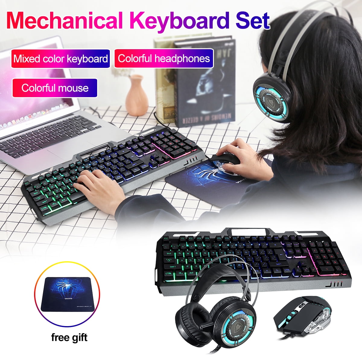Gaming Keyboard and Backlit Mouse and Headset Combo, USB Wired Backlit