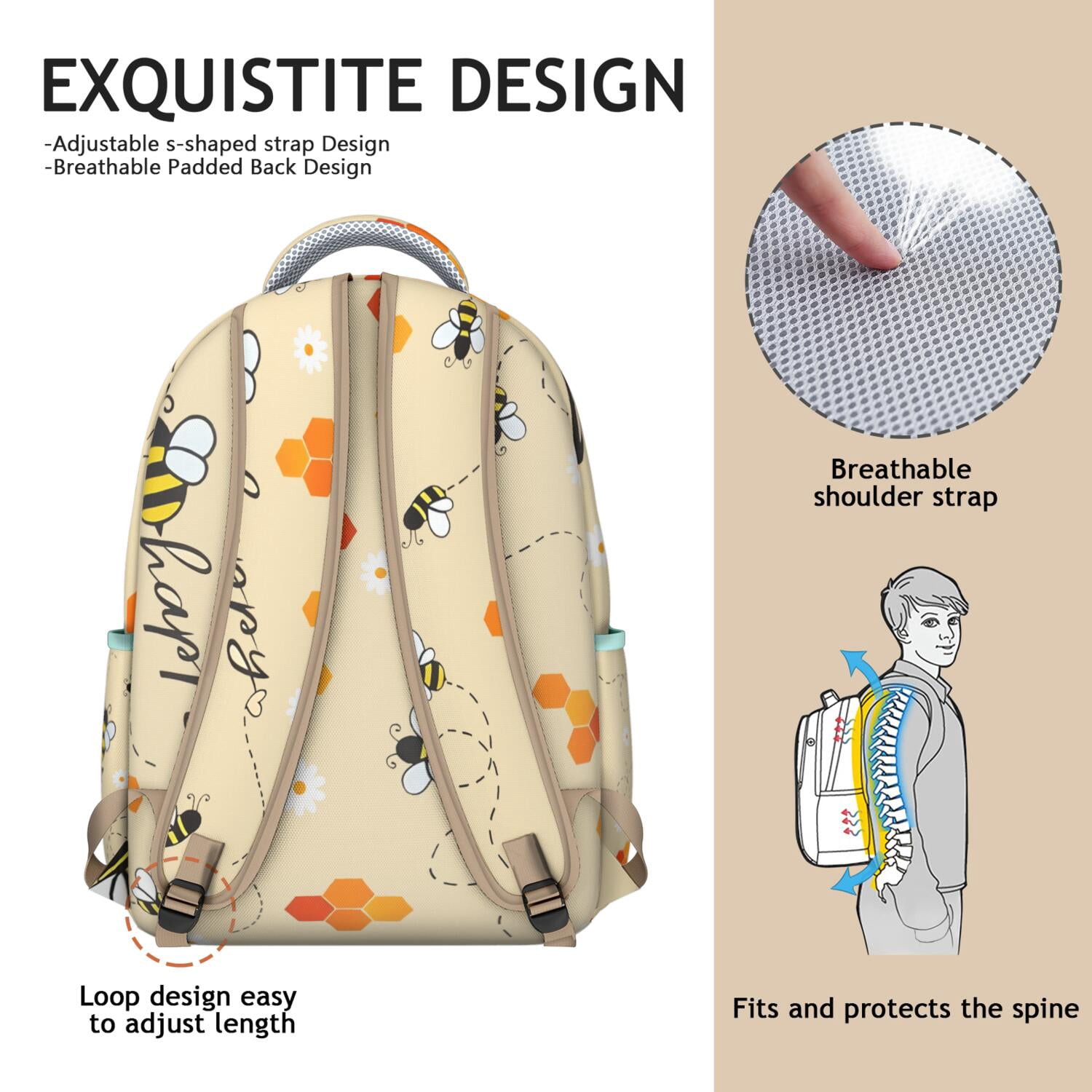 Bees & Leaves Backpack&nbsp;- Eco-Friendly School Bag for Students, Lightweight & Water-Resistant, Multiple Pockets, Comfortable Carry, Bee Themed Gift