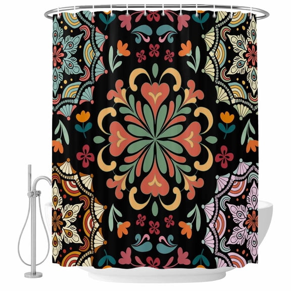 Black Boho Shower Curtain, Waterproof Shower Curtains for Bathroom, Ethnic Country Colorful Abstract Floral Motifs Washable Fabric Bathtub Curtain Set Bath Decor with 12 Hooks Stall 36"x72"
