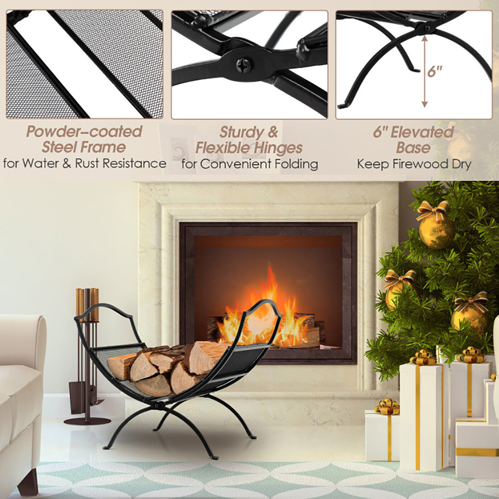 Foldable Steel Firewood Log Rack – Black, 160 Lbs Capacity, Indoor/Outdoor