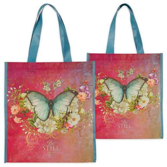 Christian Art Gifts Floral Butterfly Reusable Multicolor Shopping Tote Bag for Women: Be Still - Psalm 46:10, Easy-Hold, Durable, Collapsible Religious Handbag for Groceries, Books, Supplies, Red/Teal