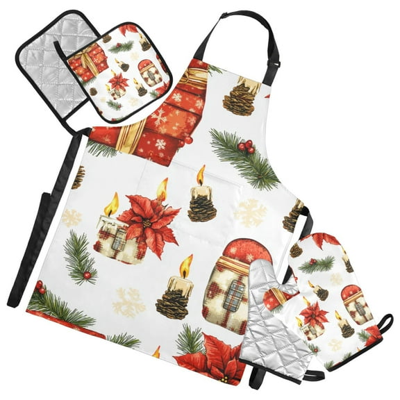 Christmas Gift Oven Mitts and Pot Holders with Chef Apron Set 5 Pcs Kitchen Cooking Set