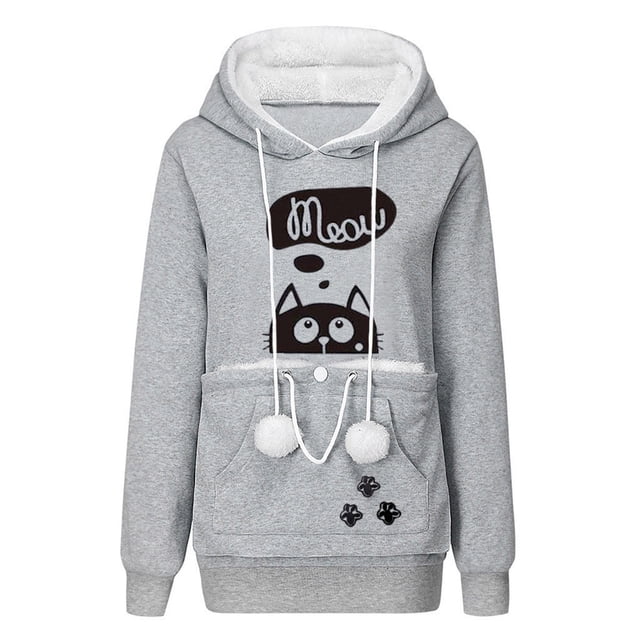 Mikilon Automne et Hiver Femmes Visage de Chat Imprimé Pull à Capuche Manches Longues avec Poche Hauts à Cordon Sweat-Shirts