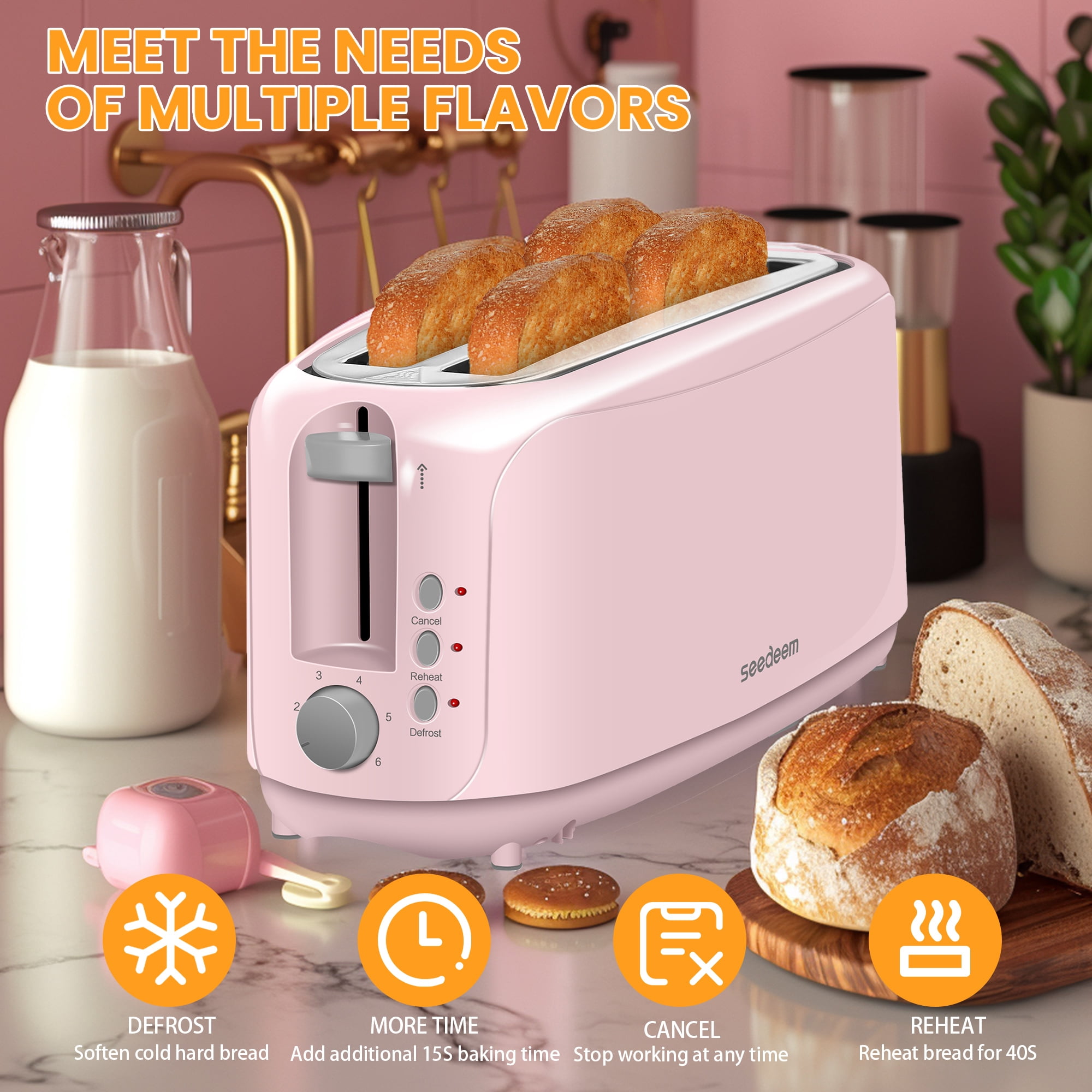 【Ultra-Slim Space-Saving】4-Slice Long Slot Toaster, Dual 10-Inch Slots, 6 Shade Settings with Cancel/Reheat/Defrost, Removable Crumb Tray, Easy to Store Vertically