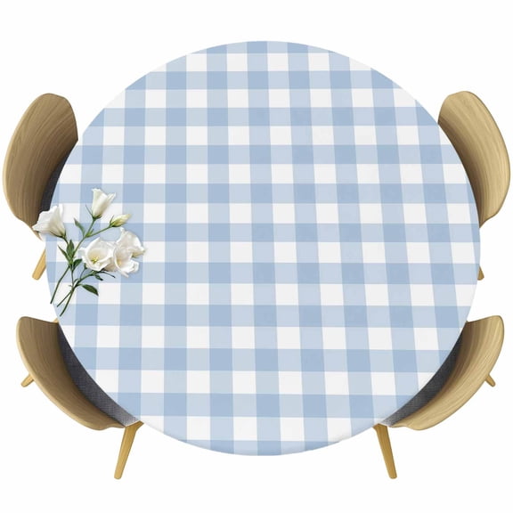 Light Blue Plaid Round Tablecloth, Fitted Table Cover with Elastic for 36"-44" Round Tables, Modern Minimalist Country Table Cloth Outdoor Indoor Dinning Party Waterproof Tablecloths