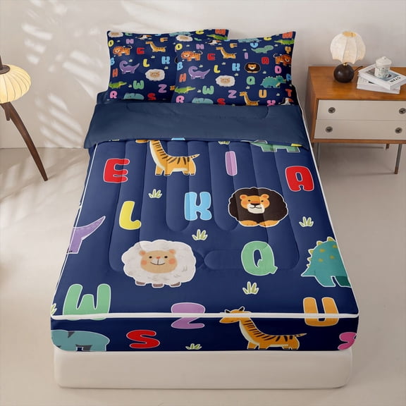 Homewish Dinosaur Elephant Giraffe Zipper Twin Comforter Sets with Fitted Sheet and 2 Pillowcases,Multicolor Letter Lovely Cute Animals Zipper Bedding Set For Boys Kids,Reversible,4-Piece