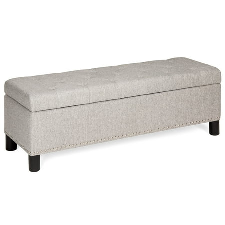 - Best Choice Products 48in Multifunctional Rectangular Tufted Upholstered Linen Fabric Padded Storage Ottoman Bench Footrest Furniture for Entryway, Living Room, Bedroom w/ Stud Rivets - Gray