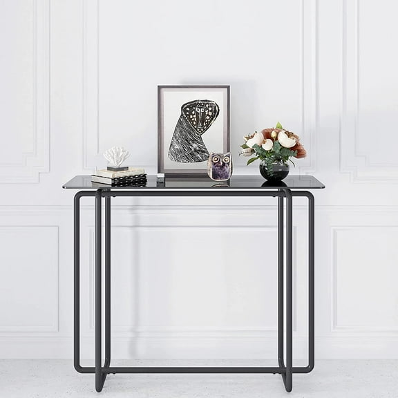 Console Table, Tempered Glass Entryway Table, Modern Sofa Table with Black Metal Frame Narrow Side Table for Hallway Living Room Entryway(Black)