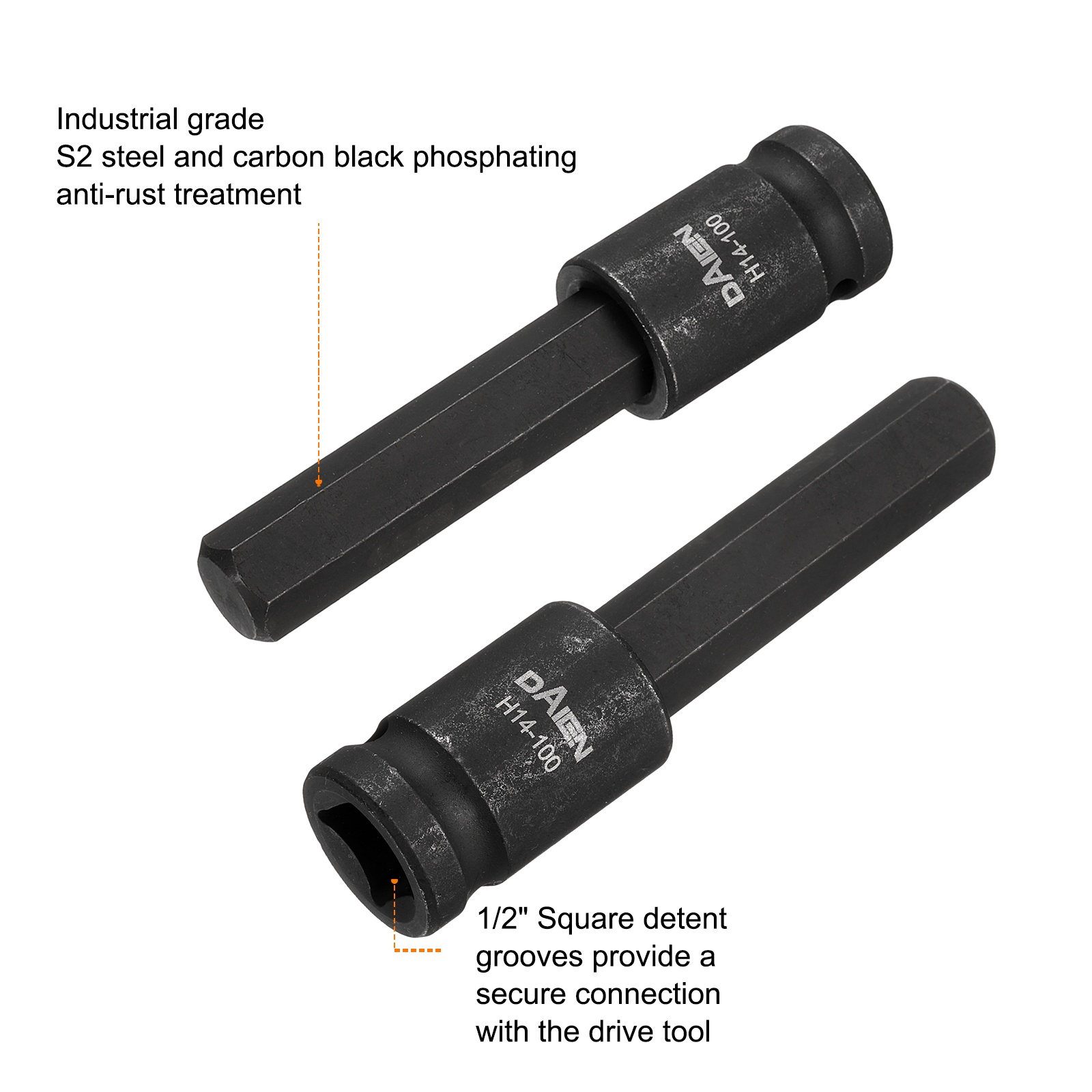 Uxcell 2pcs H14 Hex Bit Socket 100mm/3.94" Length 1/2" Square Drive Metric Extension Impact Bit Power Nut Driver Set S2 Steel Socket Ratchet Wrench Bits, Black