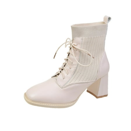 

2022 Autumn And Winter New British Style Stitching Knitted Elastic Socks Boots Square Toe High Heeled Mid Boots