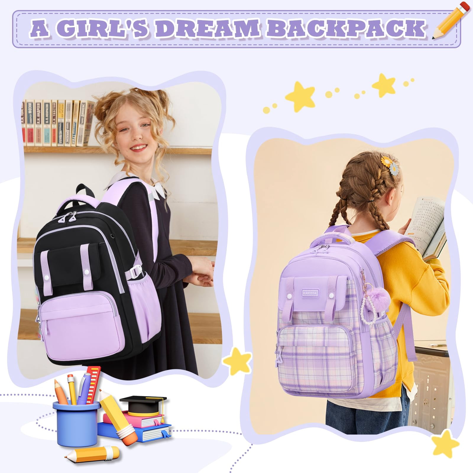 Soda Candy Girls Backpack Ideal Elementary Middle School Backpacks for Kids Cute Kawaii Large Capacity Bookbag with Reflective Strip, Black Purple