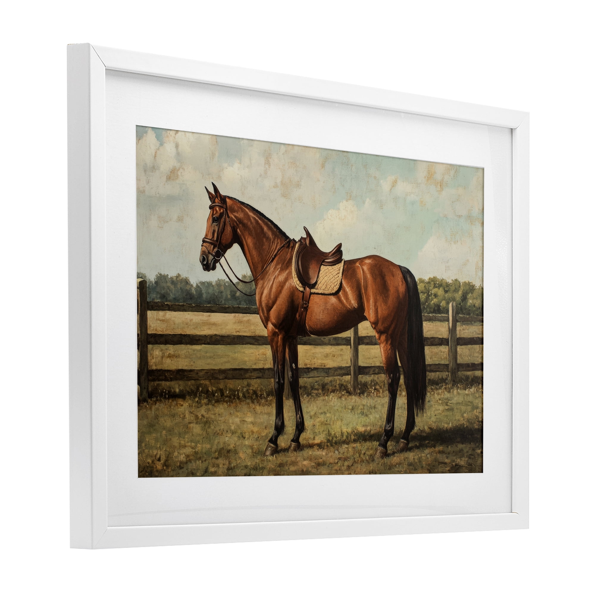 Stupell Industries Chocolate Stag Saddled in Pasture White Framed Print Under Glass, design by Petal Prints Design