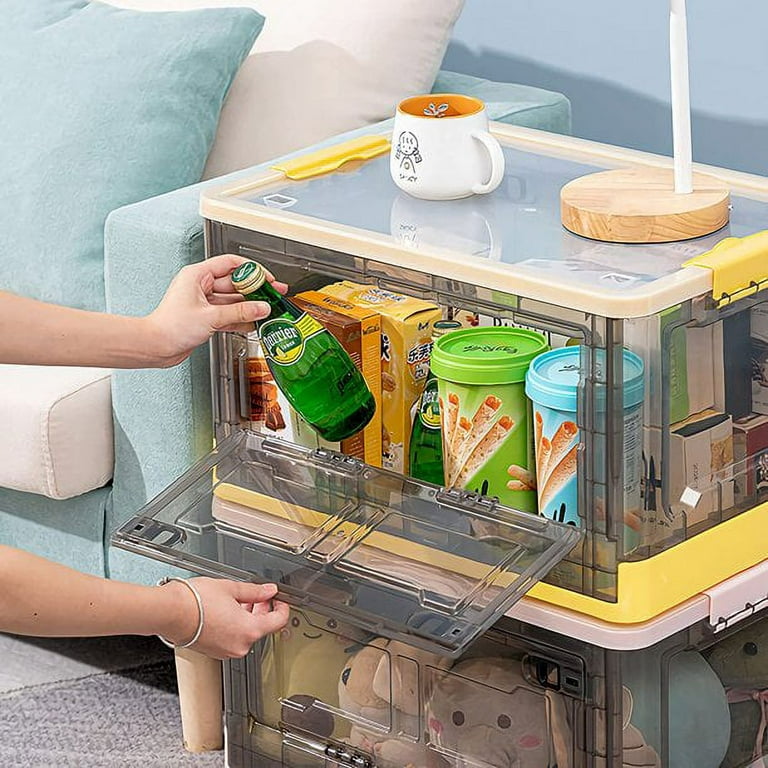 52 Liters Large Clear Plastic Storage Box with Lid Wheels Collapsible  Storage Bins with Double Doors Stackable Folding Container Organizer Cube  for