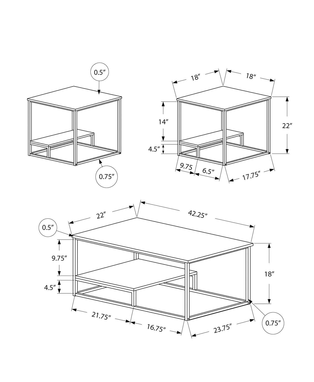 Monarch Specialties Ensemble De Table, Ensemble 3pcs, Café, Bout, Côté, Accent, Salon, Métal, Stratifié, Blanc, Gris, Contemporain, Moderne