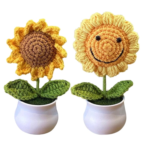 Tripumer 2Pack Crochet Sunflower Potted Plant Handmade Artificial Flowers with Smiley Faces Mini Sunflower Potted Plant Decoration Suitable for Car Dashboard Office Living Room Bedroom