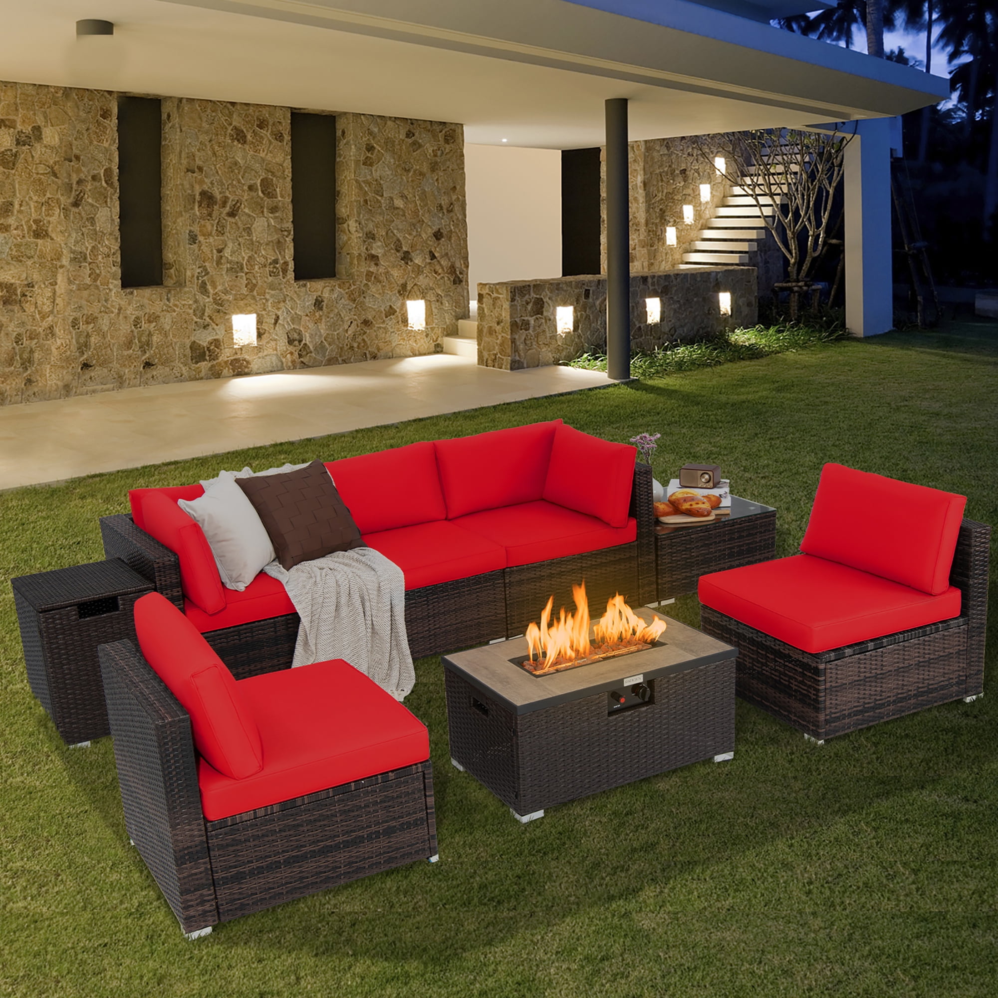 Costway 8PCS Patio Rattan Furniture Set Fire Pit Table Tank Holder Cover Deck Red