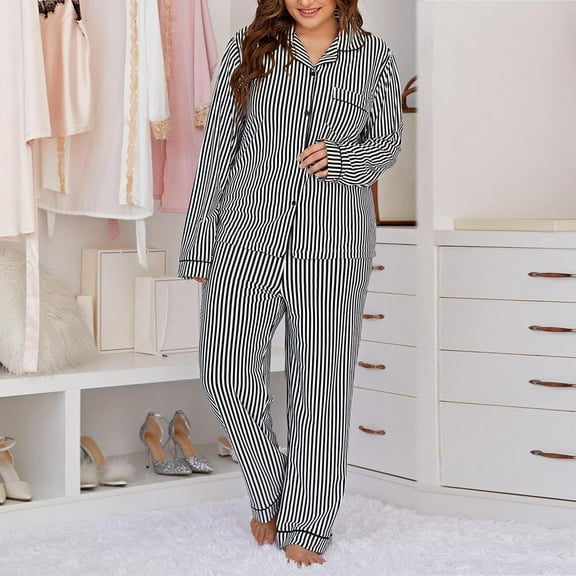 BONIXOOM Christmas Pajamas For Family Womens Christmas Pajamas Sleepwear Belt Long Sleeve Striped Sleepwear Sets Gray XXXL