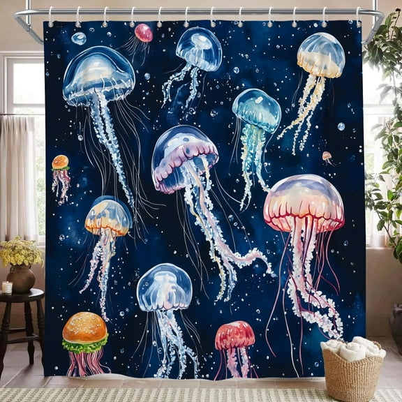 Pbobriich Ocean Theme Shower Curtain, Nautical Coastal Blue Jellyfish Bathroom Curtain 72x72 in