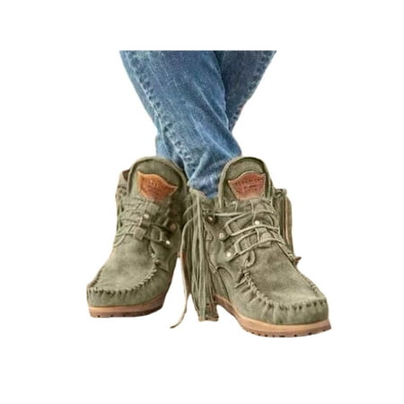 

SIMANLAN Womens Ankle Boot Faux Suede Wedge Heel Booties Lace Up Tassel Boots Walking Slope Heels Bootie Dress Retro Wedges Green 5